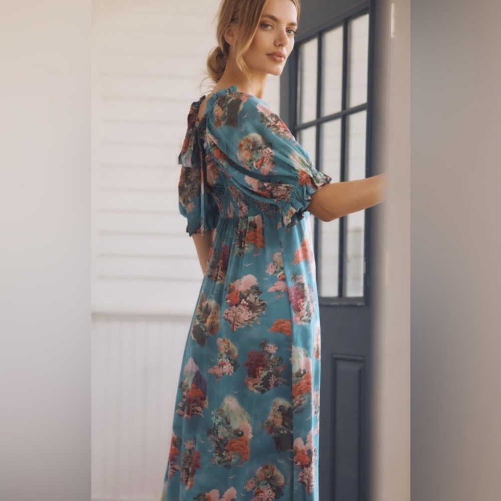 NWOT Anthropologie Teal Floral Smocked Puff Sleeve Midi Dress S - Picture 2 of 9
